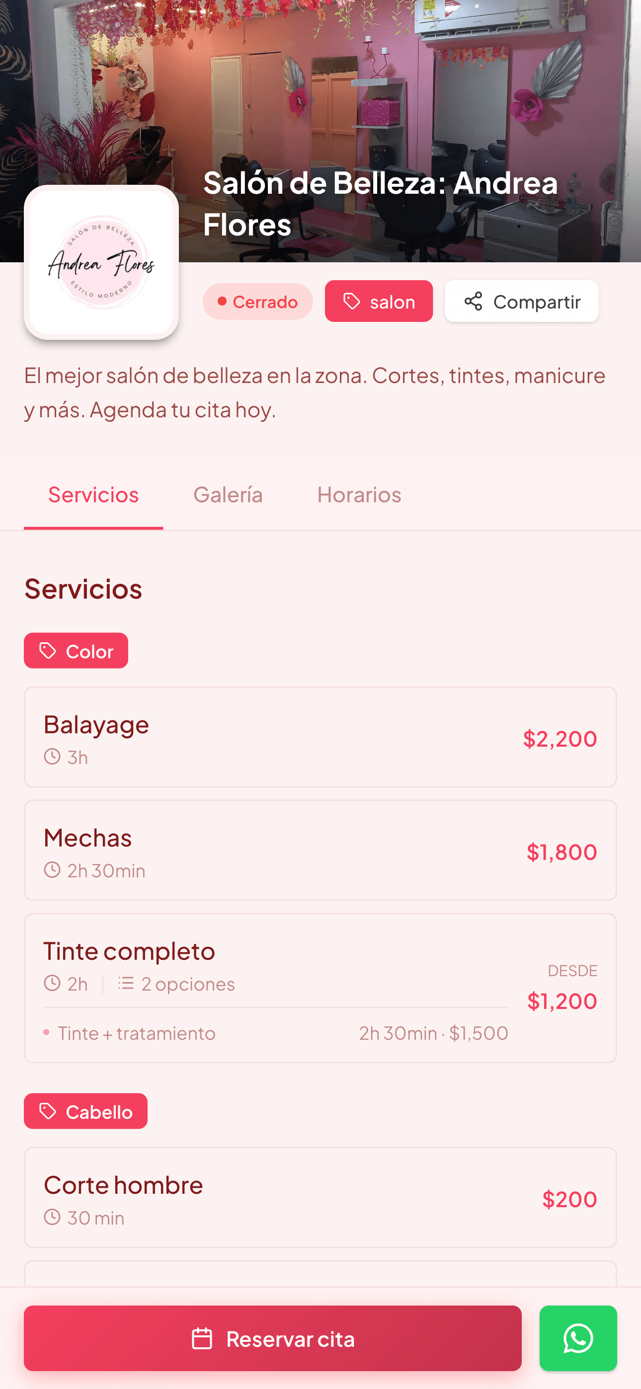 Portada de la página pública del salón